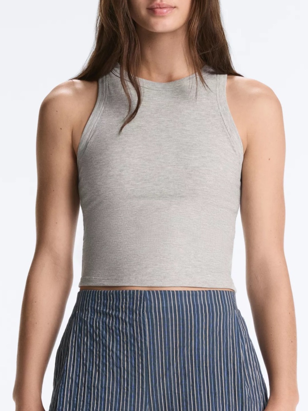 OYSHO Ribbed High-Neck Crop Tank - Heather Gray